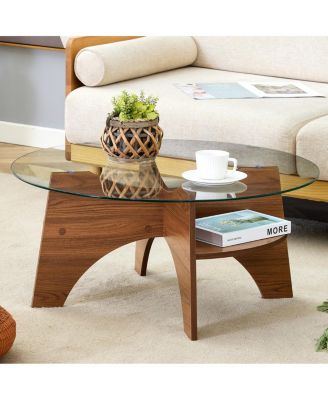 Round Tempered Glass Coffee Table, Walnut Grain Pedestal Base, 31.5