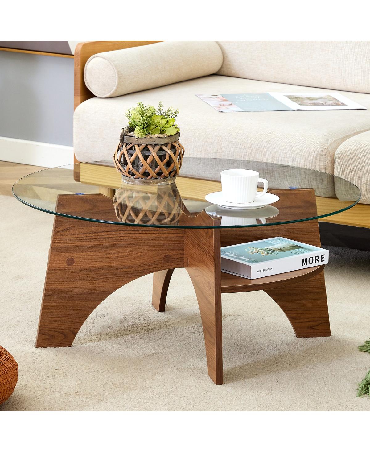 Streamdale Furniture Round Tempered Glass Coffee Table, Walnut Grain Pedestal Base, 31.5