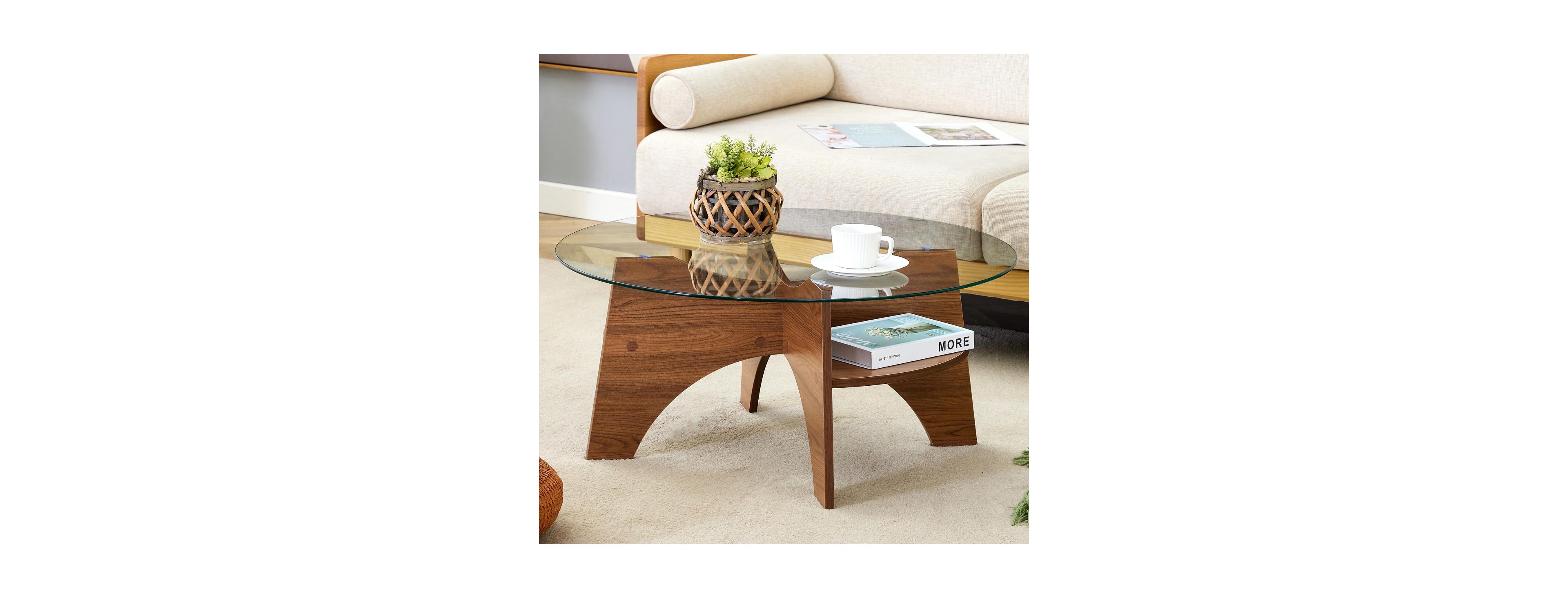 Streamdale Furniture Round Tempered Glass Coffee Table, Walnut Grain Pedestal Base, 31.5