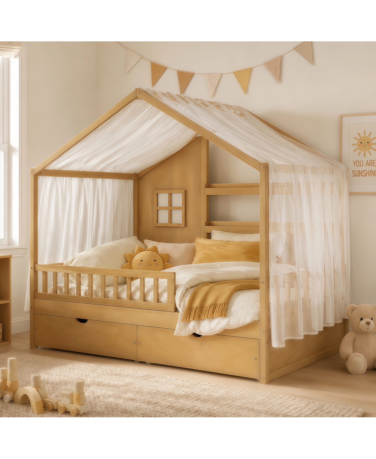 Streamdale Furniture Kids Twin Montessori Floor Bed with Roof, Curtains and Storage Drawers