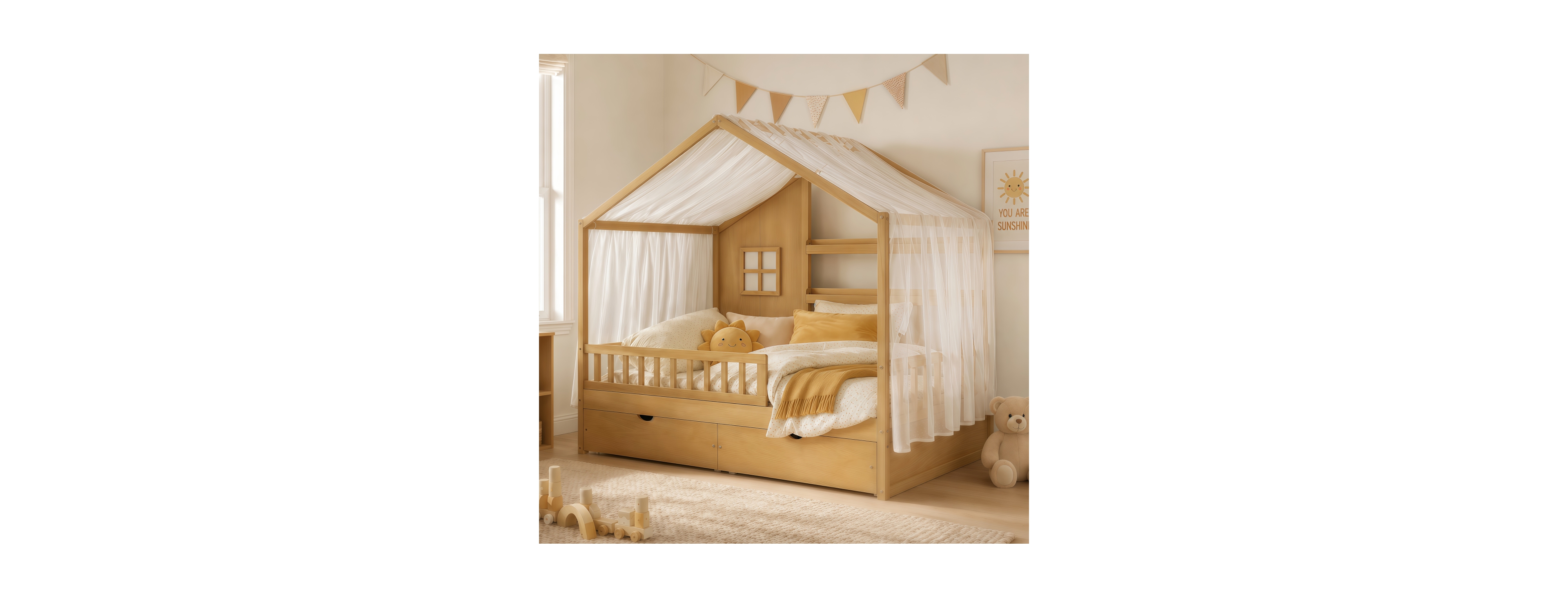 Streamdale Furniture Kids Twin Montessori Floor Bed with Roof, Curtains and Storage Drawers