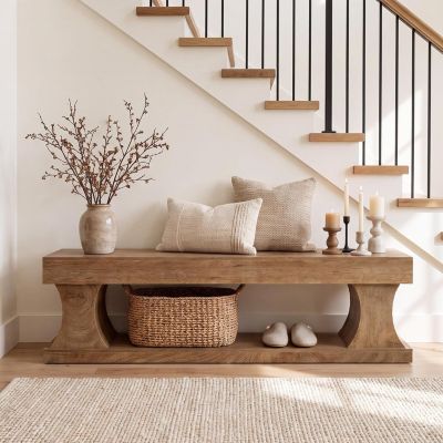 63" Farmhouse Entryway Bench, Wooden End of Bed Bench