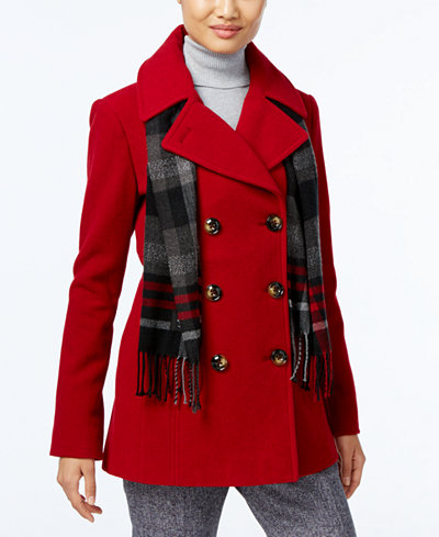London Fog Petite Double-Breasted Peacoat with Plaid Scarf