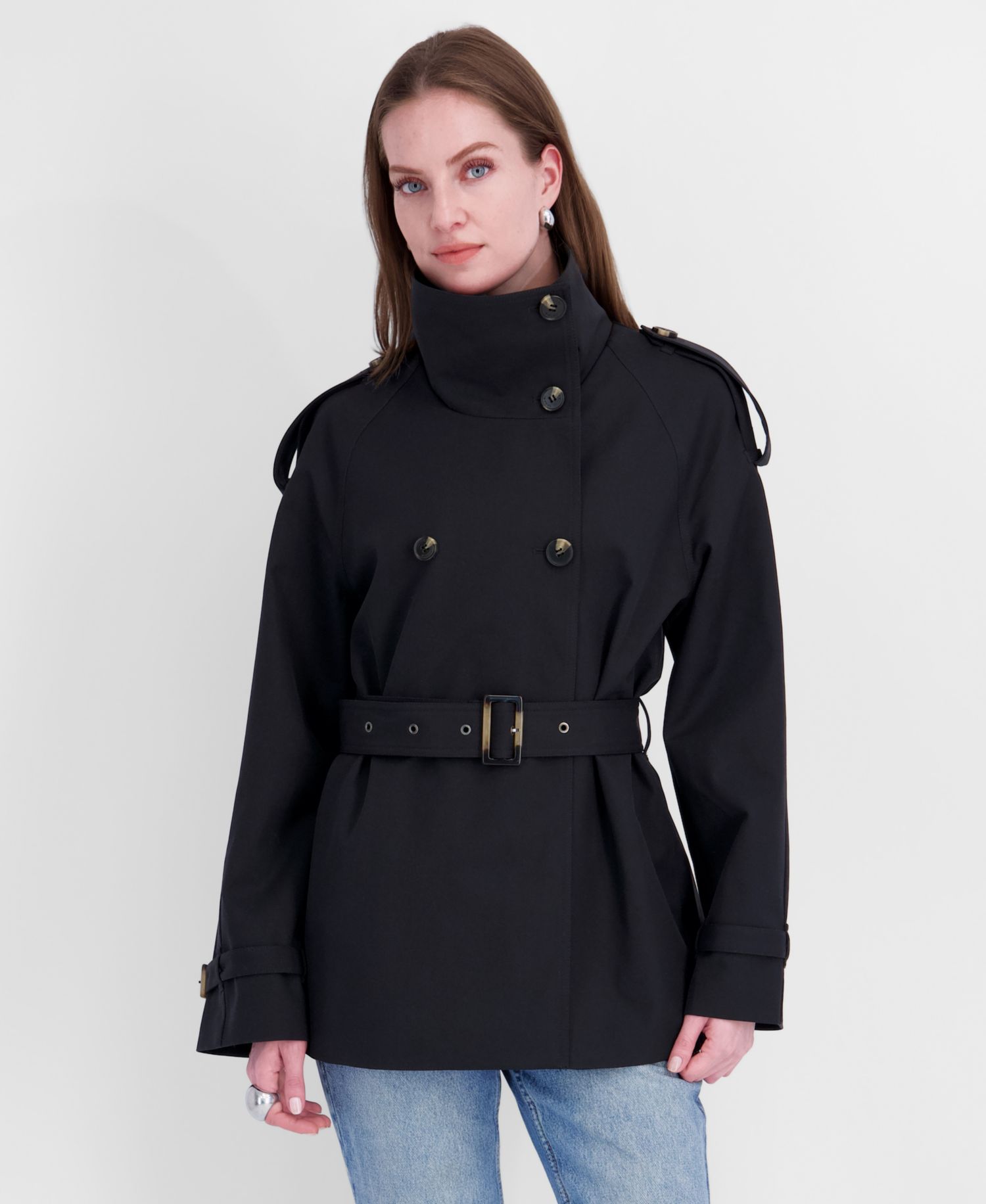 Women's Funnel-Neck Belted Trench Coat