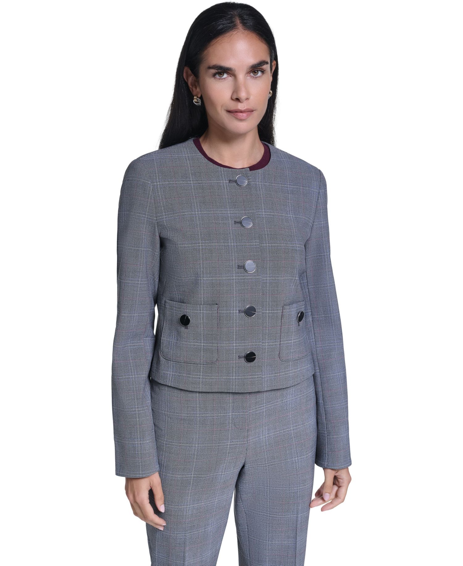 Women's Cropped Plaid Collarless Jacket