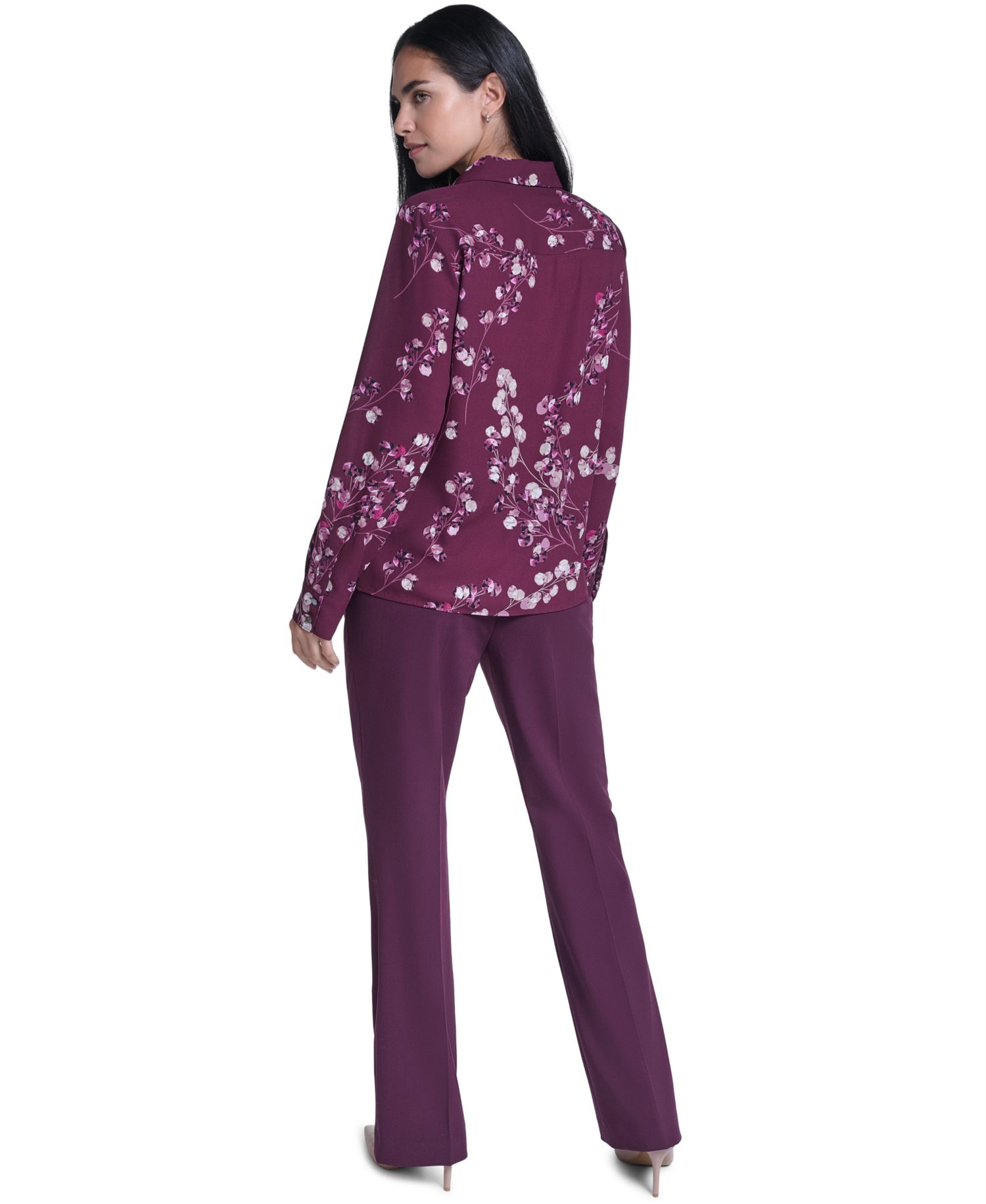 Women's Floral-Print Ruffled-Front Long-Sleeve Blouse