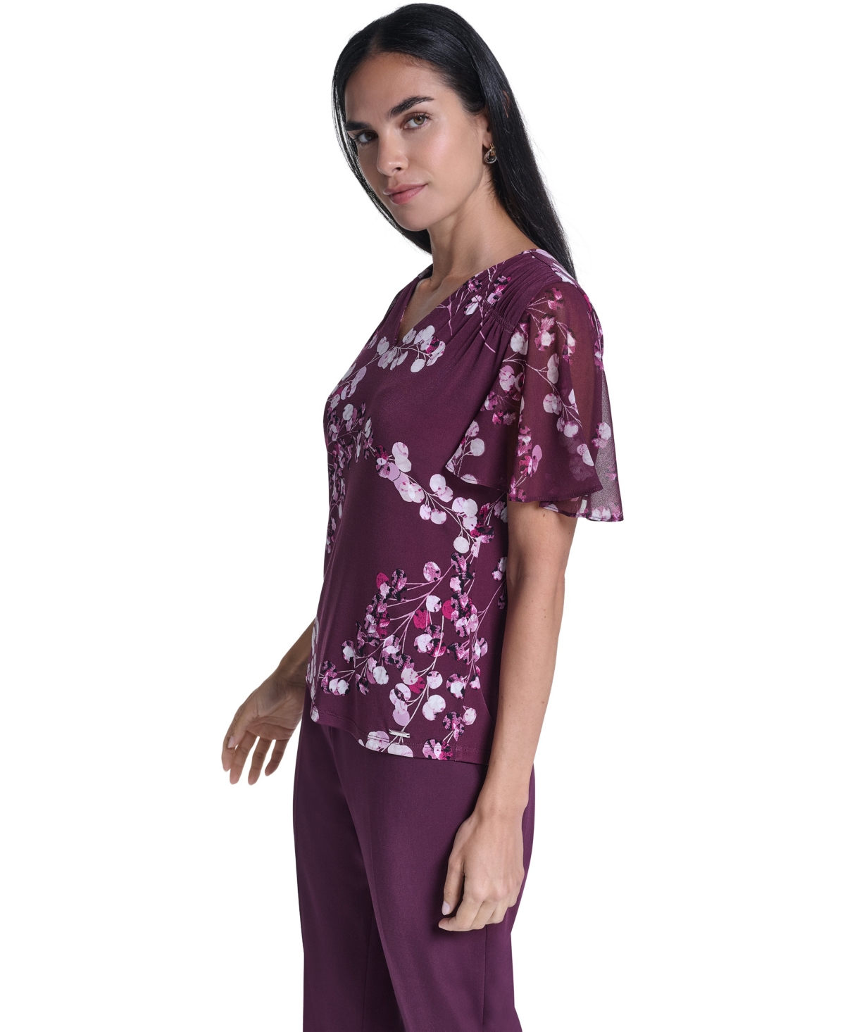 Calvin Klein Women's V-Neck Floral Chiffon Blouse