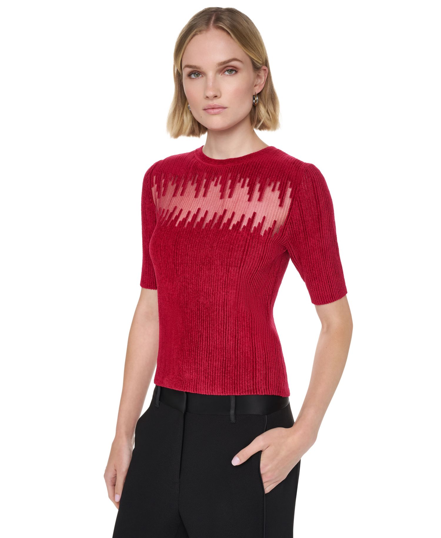 Petite Crewneck Short-Sleeve Ribbed Sweater