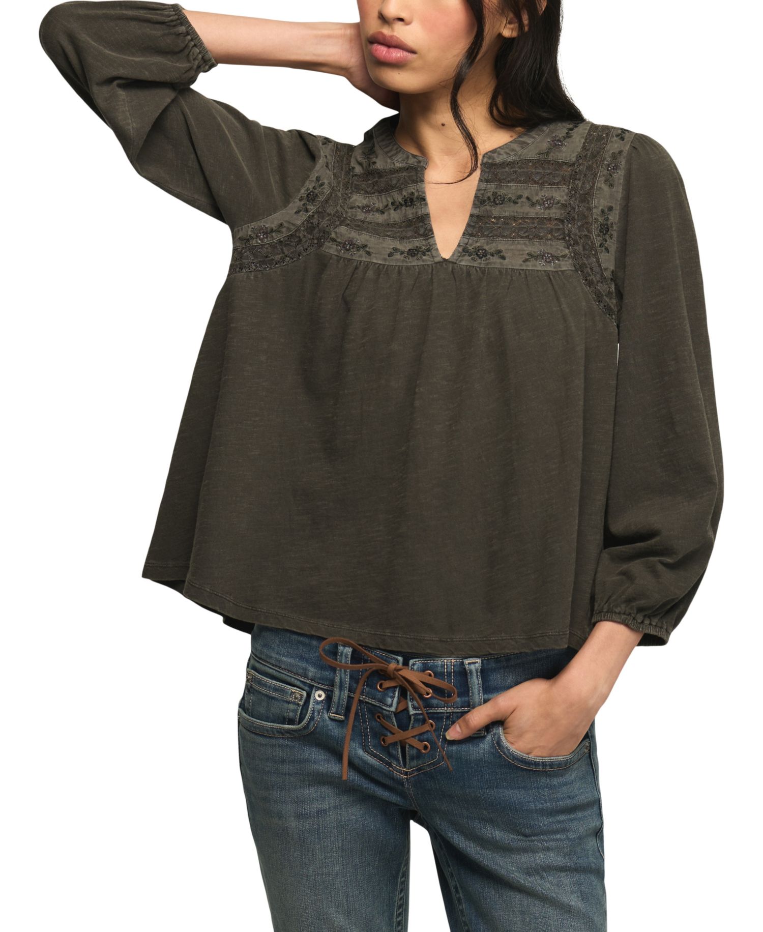 Women's Trim Mix Knit Lace-Trim Embroidered Peasant Top