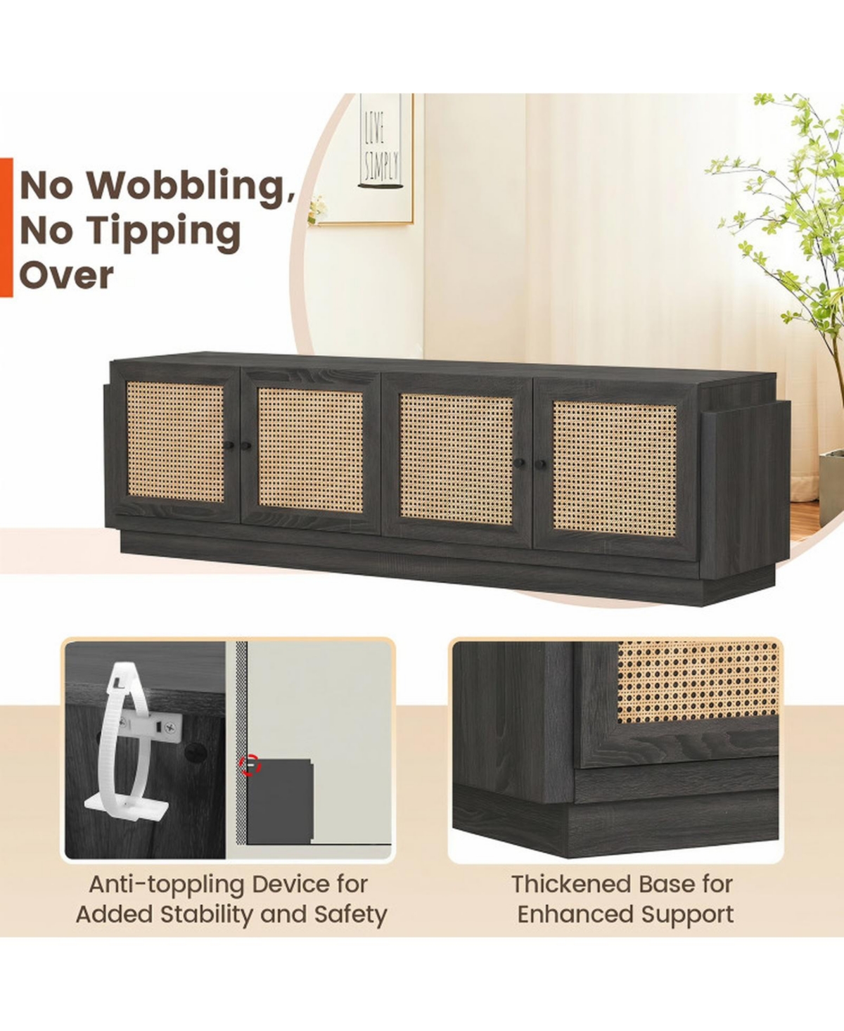 Sugift Farmhouse Tv Stand for TVs with 2 Rattan-Front Cabinets