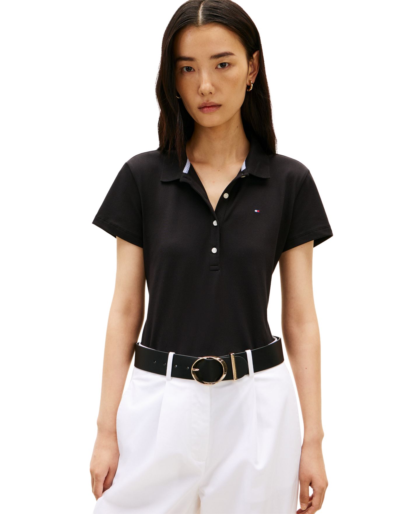 Женская футболка Tommy Hilfiger Classic Pique Short-Sleeve Polo T-Shirt, цвет: Чёрный — фото 1