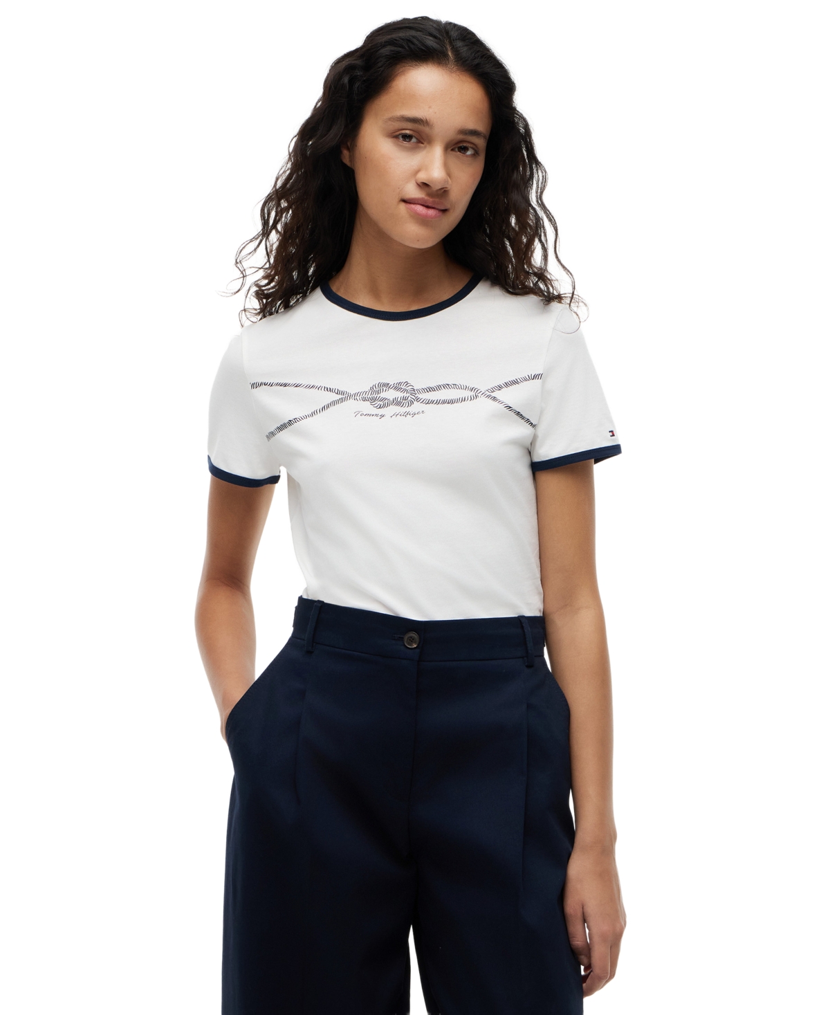 Tommy Hilfiger Women's Crewneck Ringer Trim Cotton T-Shirt - Ecru
