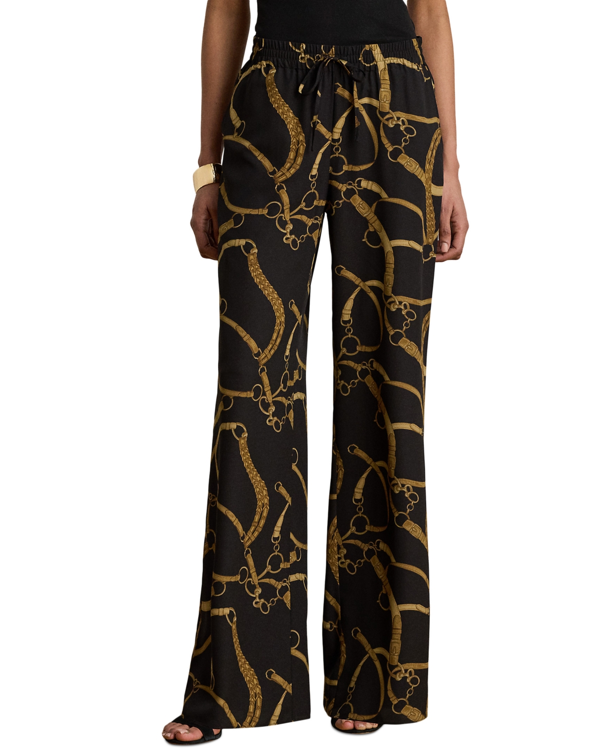 Lauren Ralph Petite Belting-Print Crepe Wide-Leg Pants