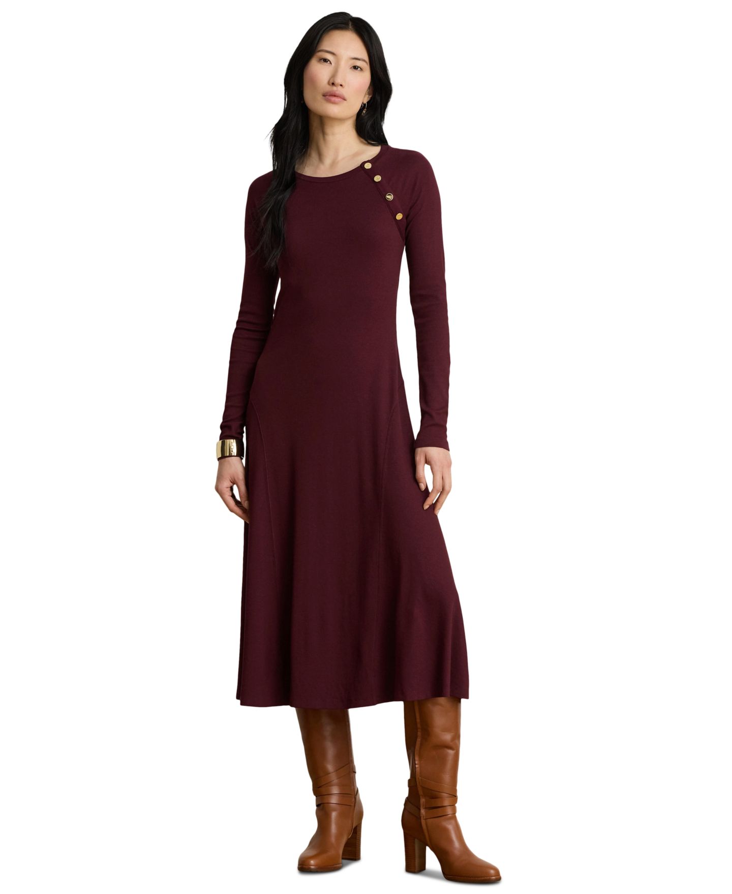 Женское платье Lauren Ralph Lauren Rib-Knit Midi Crewneck, цвет: Тёмный гранатовый — фото 1