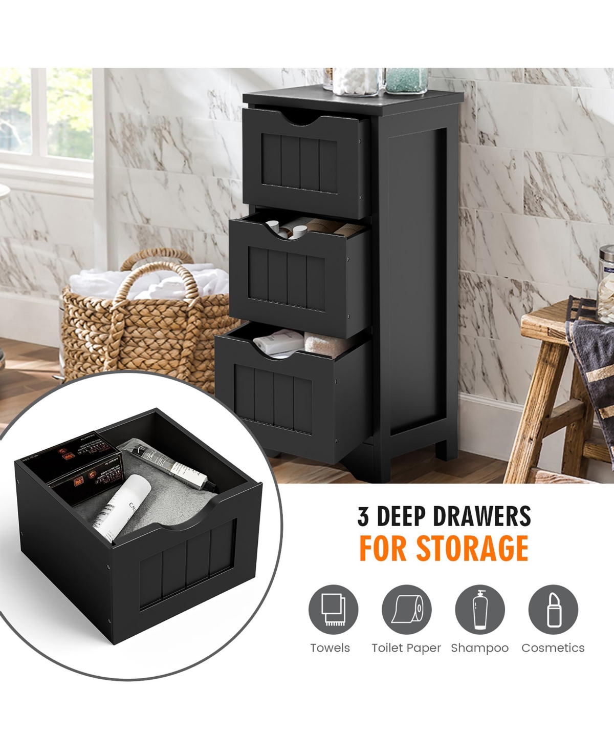 Gymax 3-Drawer Bathroom Floor Cabinet Free Standing Side Storage Organizer Nightstand