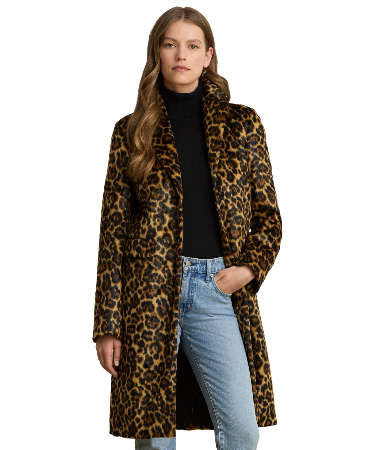 Lauren Ralph Women's Leopard-Print Faux-Haircalf Straight-Fit Coat
