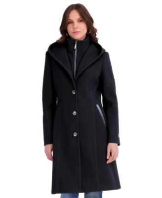 Women's Bibbed Faux-Leather Trimmed Hooded Coat