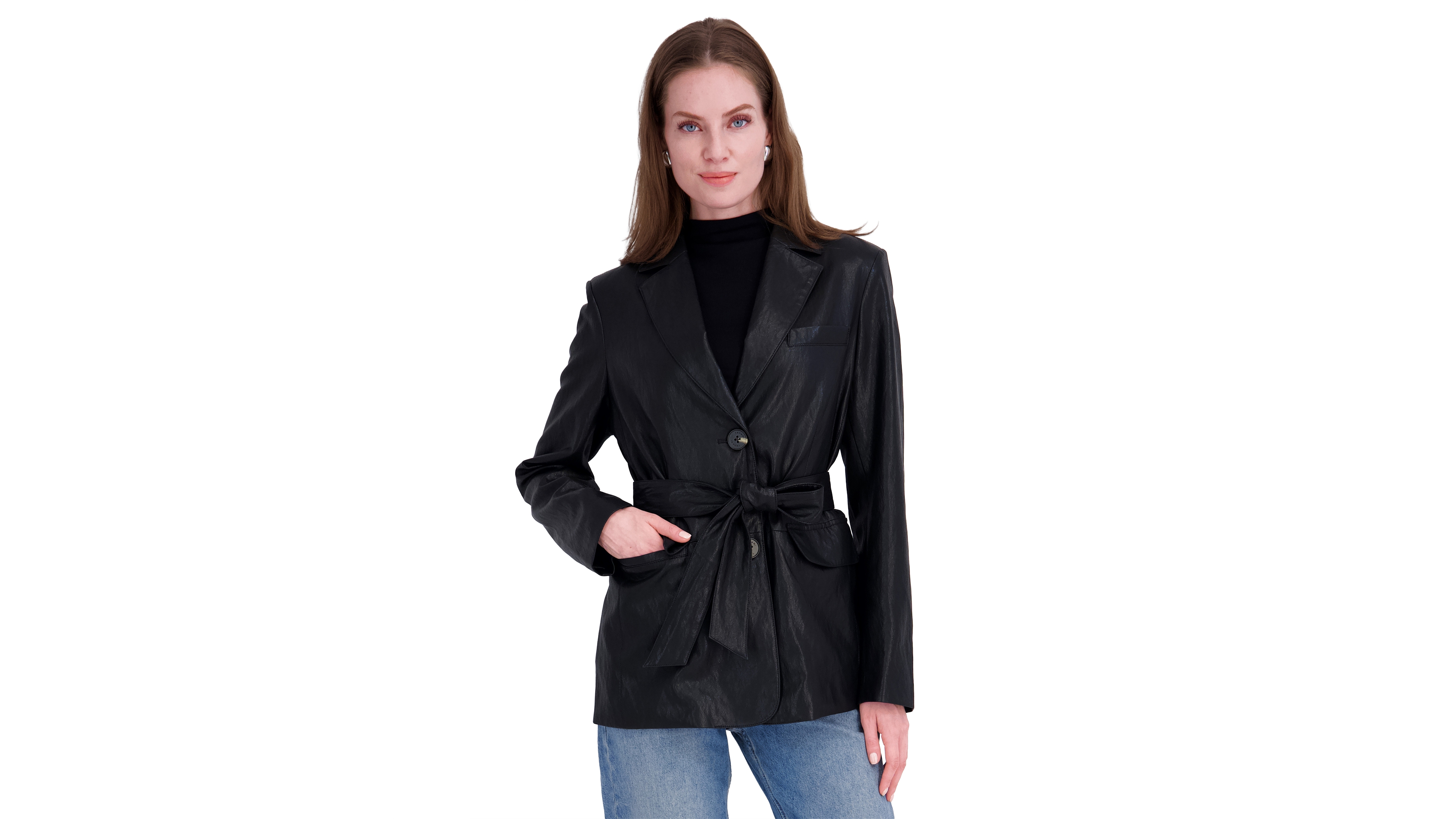 Tahari Women's Belted Faux Leather Trench Jacket