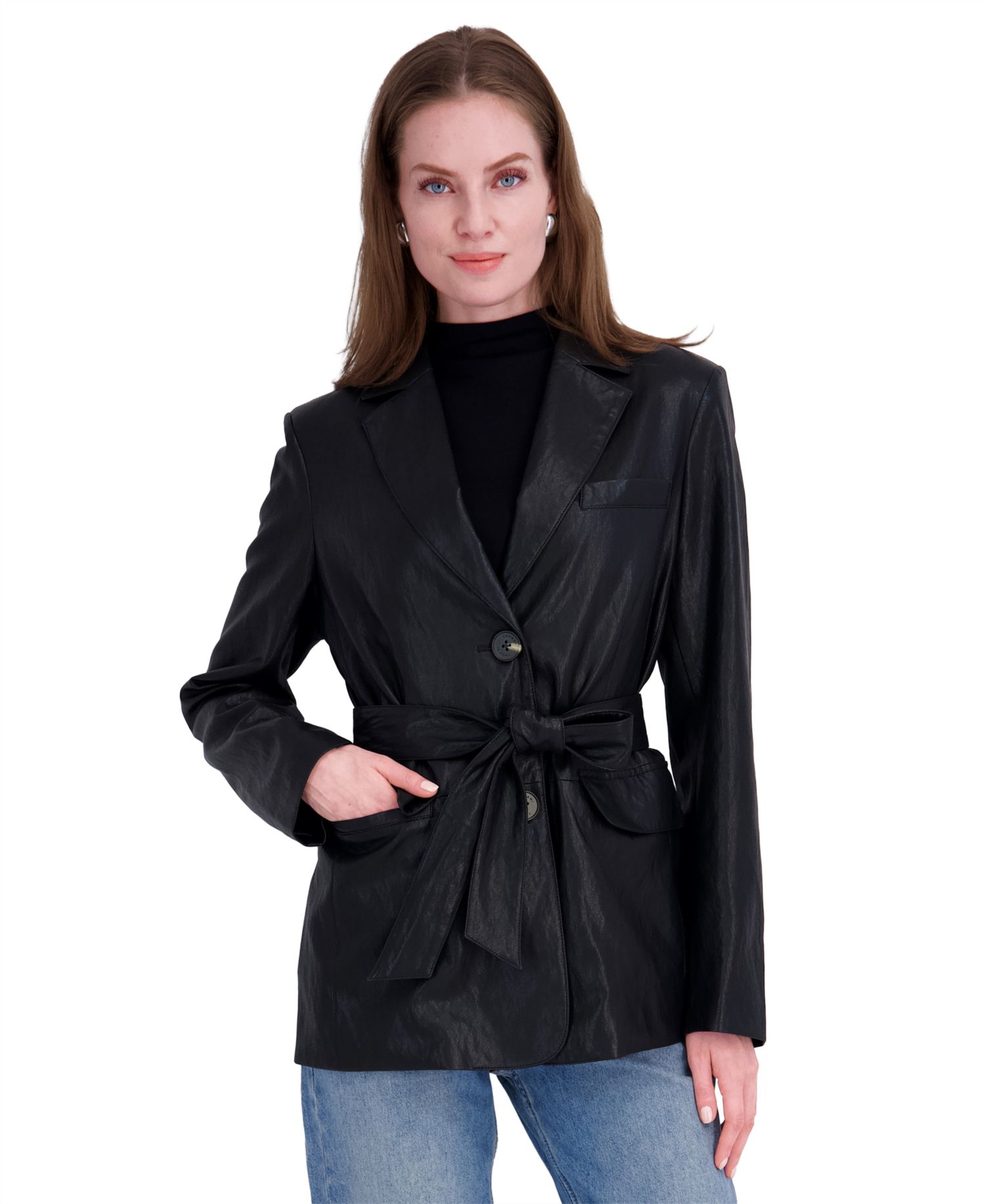 Women's Belted Faux Leather Trench Jacket
