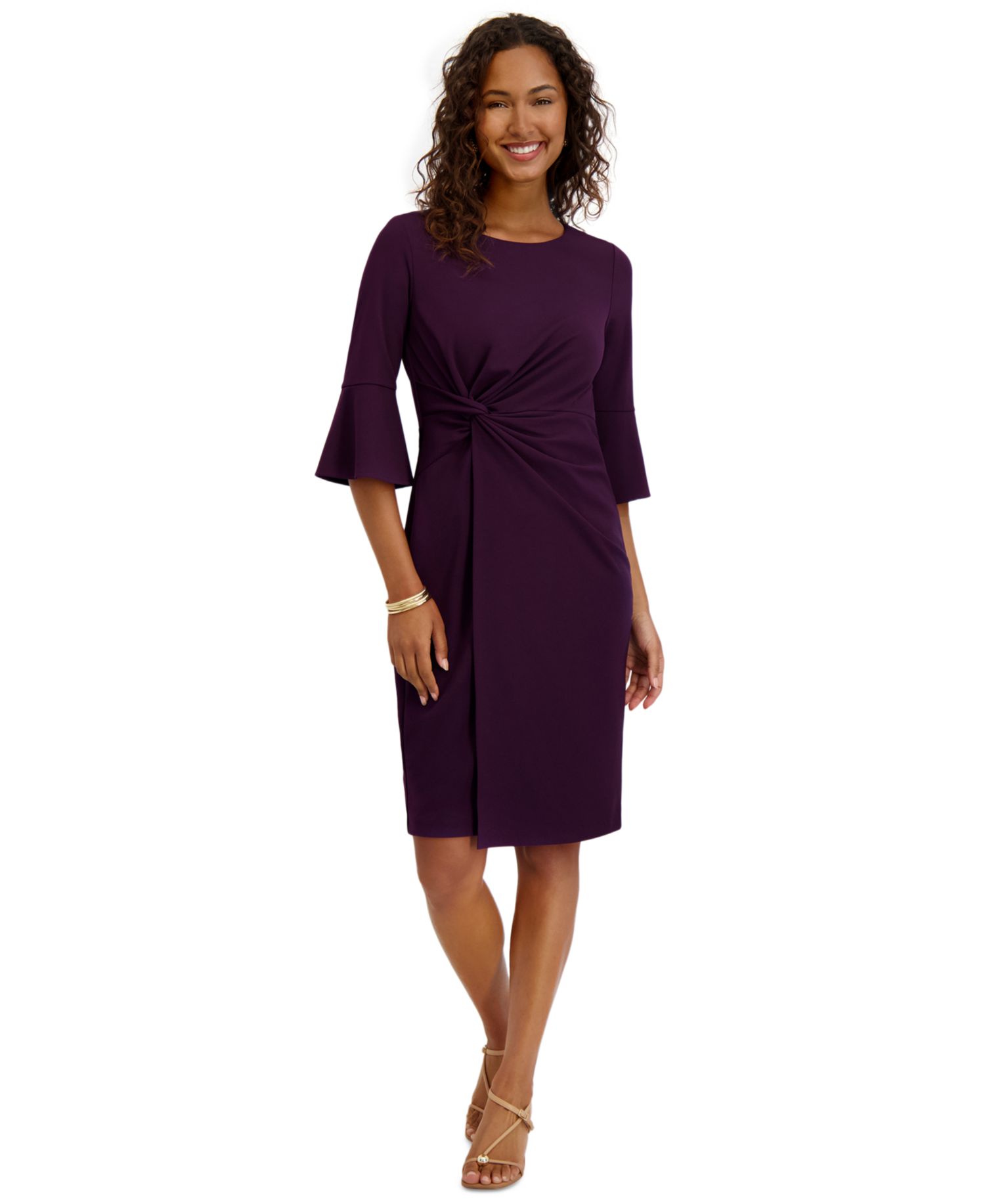 Women's Twist-Front Sheath Dress with Bell-Sleeve