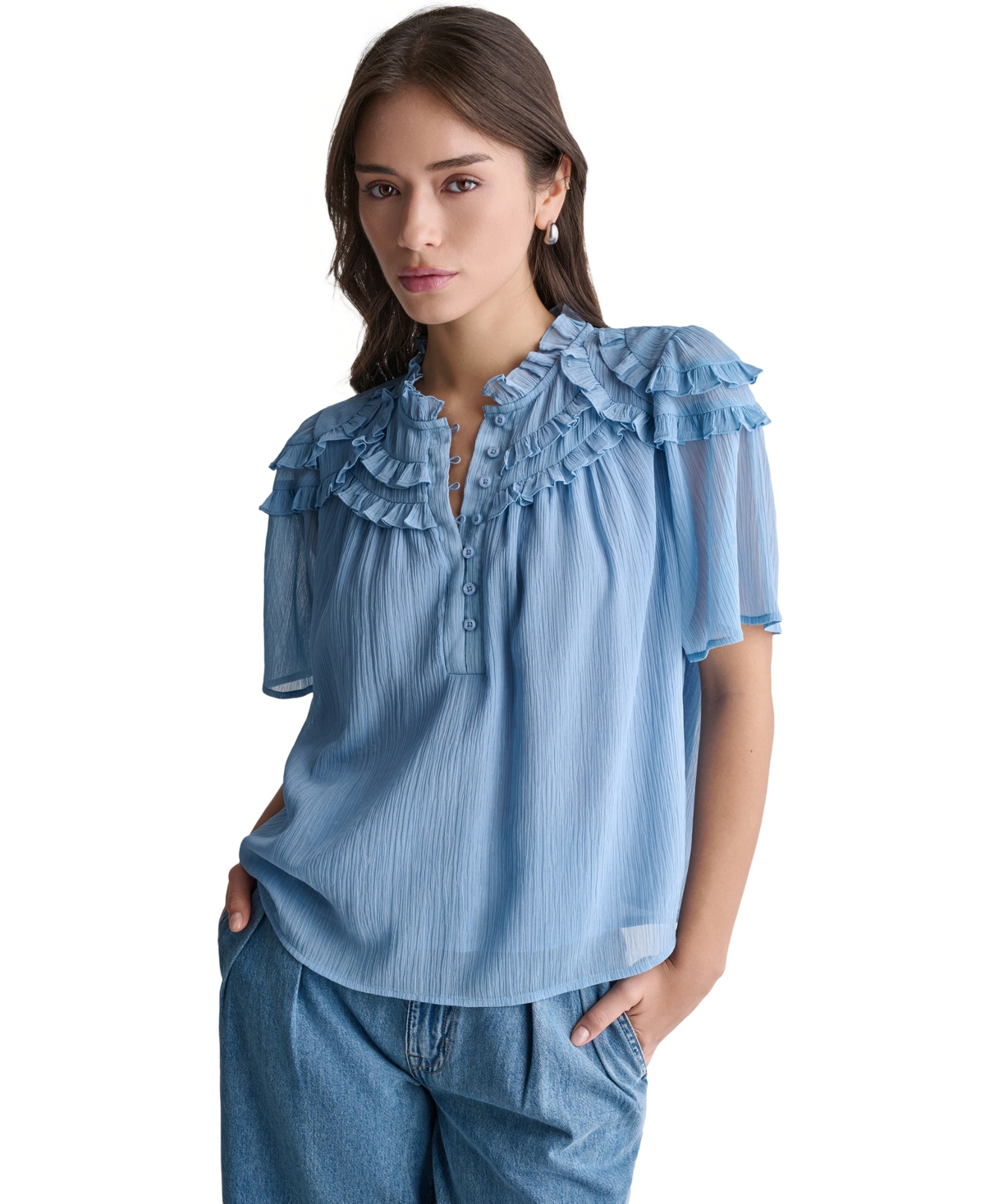 Bcbg Women's Crewneck Short-Sleeve Ruffle Top
