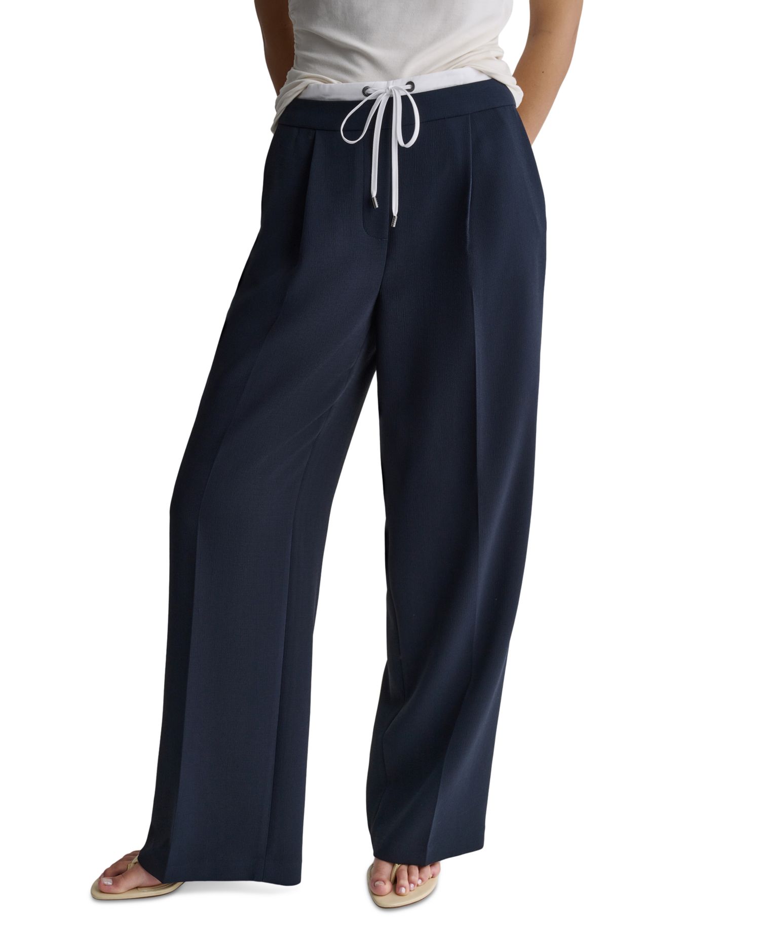 Women's Wide-Leg Contrast Waist Pleated Front Pants