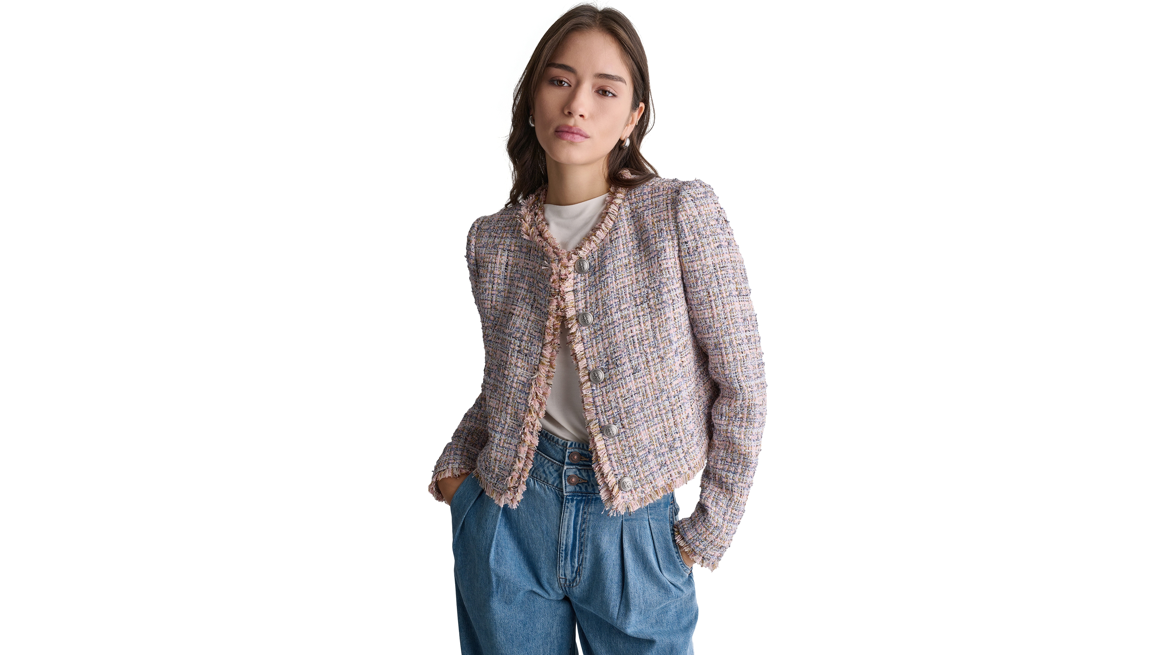Bcbg Women's Crewneck Fringe Detail Tweed Jacket