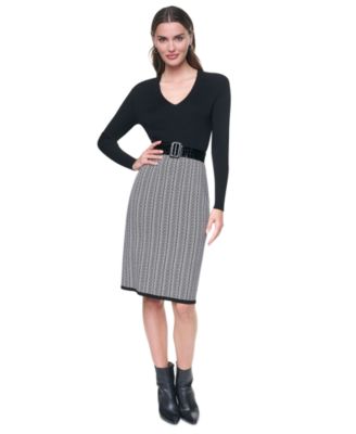 Women's Herringbone Rib V-Neck Long-Sleeve Sweater Dress