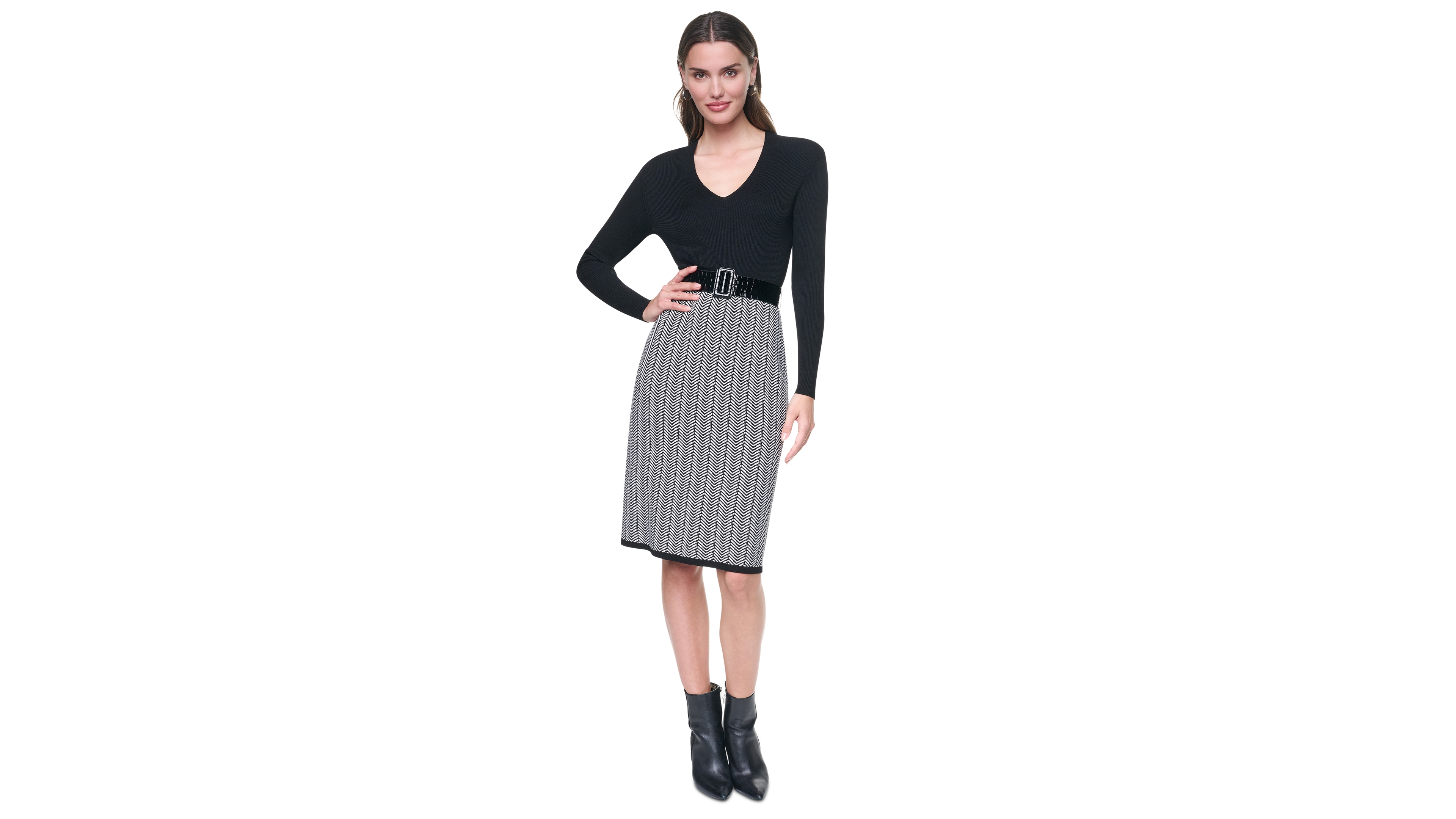 Dkny Women's Long Sleeve V-Neck Belted Sheath Sweater Dress