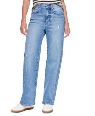 Women's Mid-Rise Light Destruction Loose Straight Leg Jeans