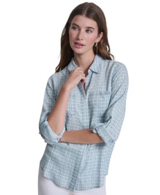 Women's Garment-Dye & Print Split-Back Button-Front Shirt
