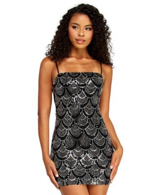Juniors' Scalloped Pattern Beaded Detail Chiffon Back-Tie Sequin Dress