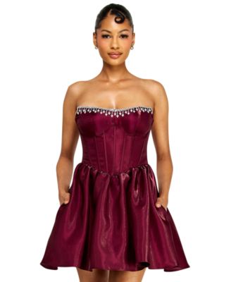 Juniors' Strapless Corset Bodice Dress with Draped Jewels at Top Trim