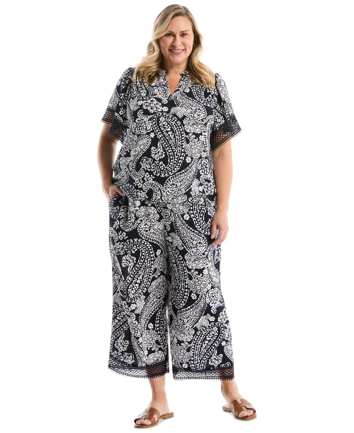 Rafaella Plus Paisley Print Flutter Lace Short Sleeve Blouse