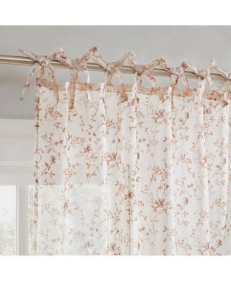Lioren Tonal Floral Sheer Pre-Tied Bow Tab Top Curtain Panel Pair