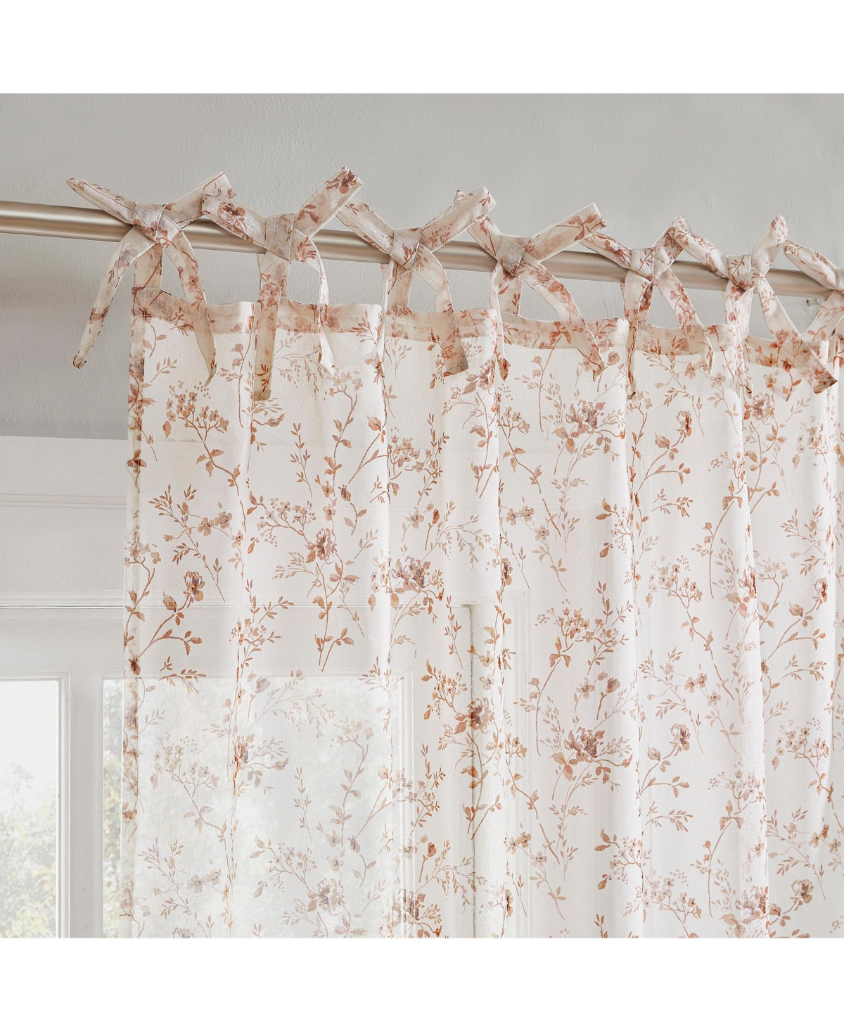 No. 918 Lioren Tonal Floral Sheer Pre-Tied Bow Tab Top Curtain Panel Pair