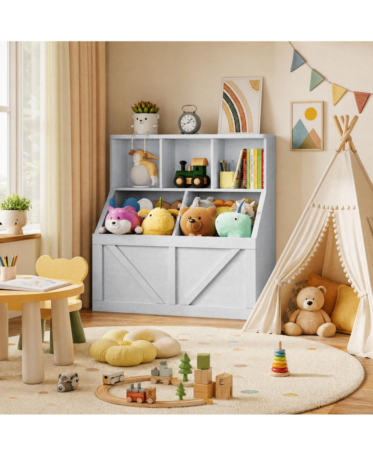 homfan Kids Bookshelf and Toy Storage Organizer, 36" Tall Engineered Wood with Multi Shelf Cabinet and Storage Bins, for Playroom Bedroom Nursery - Wh