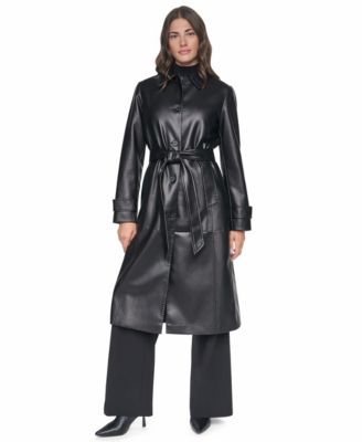 Women's Belted Long Faux Leather Trench Coat