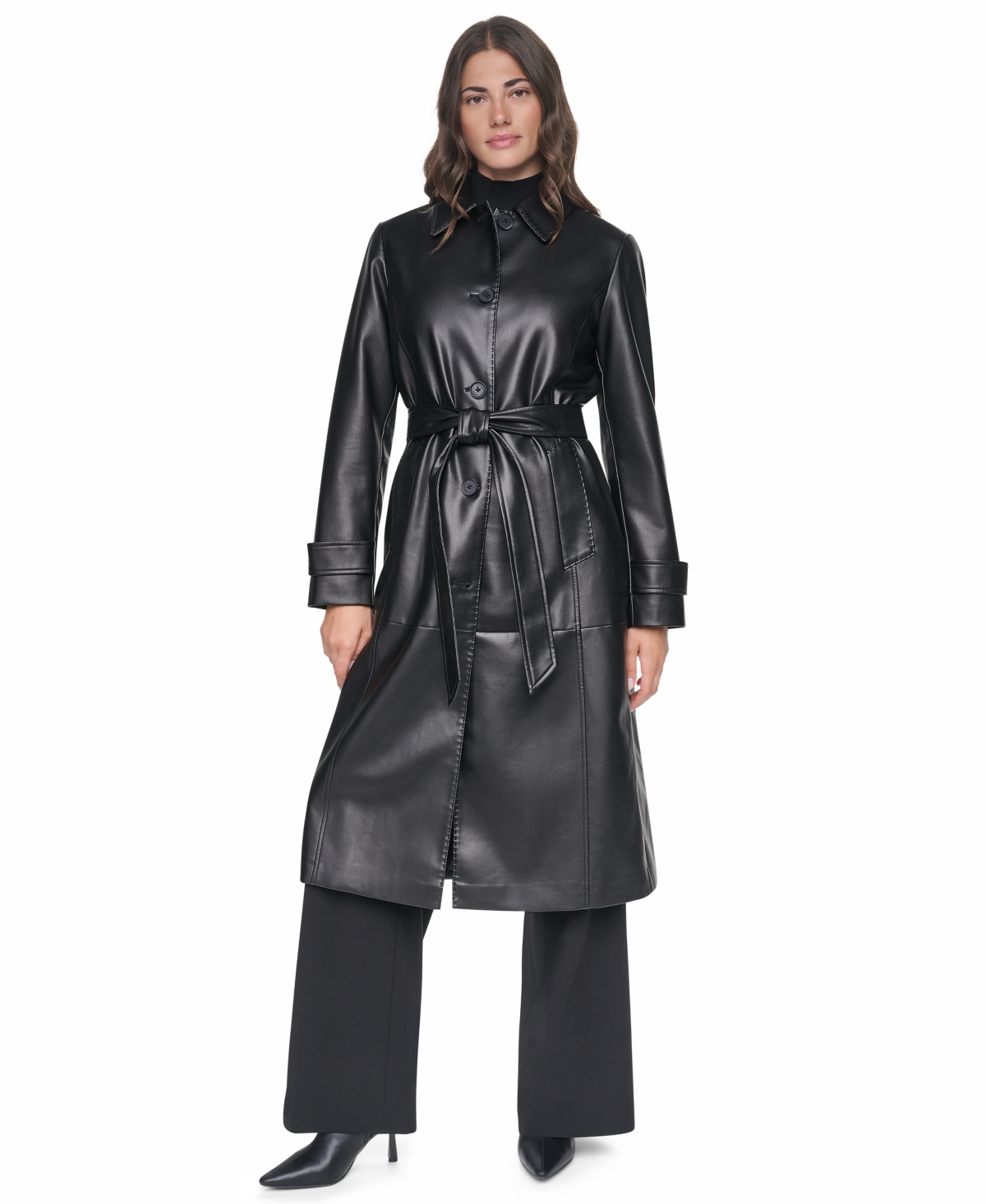 Dkny Women's Belted Long Faux Leather Trench Coat