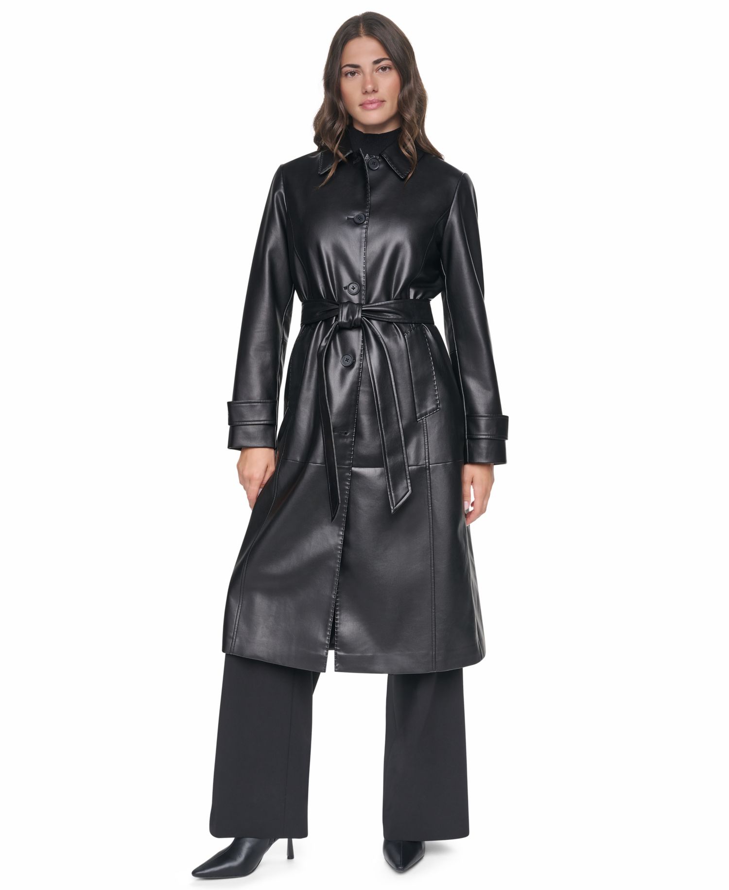 Women's Belted Long Faux Leather Trench Coat