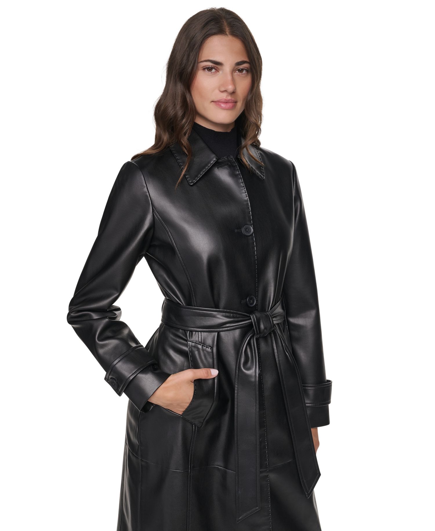 Women's Belted Long Faux Leather Trench Coat