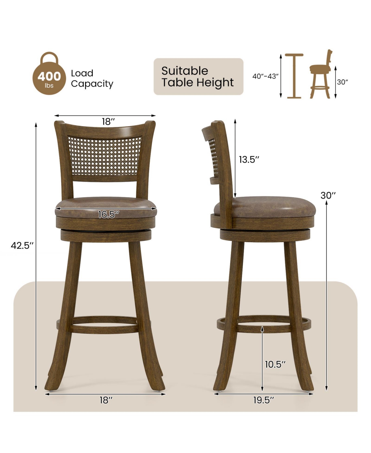 Gymax Set of 2 Bar Stools 30'' Swivel Bar Chairs with Pe Rattan Backrest Bar Height