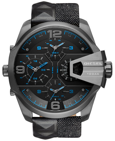 Diesel Men's Chronograph Uber Chief Black Studded Leather and Denim Strap Watch 55x62mm DZ7393