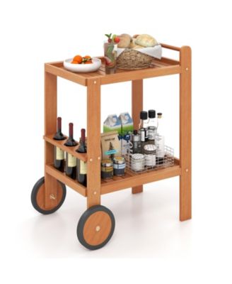 2 Tier Rolling Serving Cart with Wine Bottle Holders and 2 Rubber Wheels