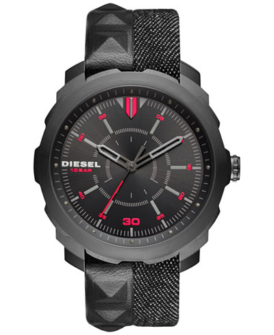 Diesel Men's Machinus NSBB Black Studded Leather and Denim Strap Watch 46x51mm DZ1785