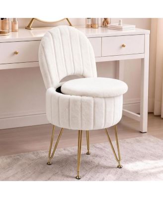 Round Vanity Stool with Storage and Backrest - Modern Faux Fur Upholstered Ottoman with Metal Frame, Folding Back Support, for Bedroom Dressing Room
