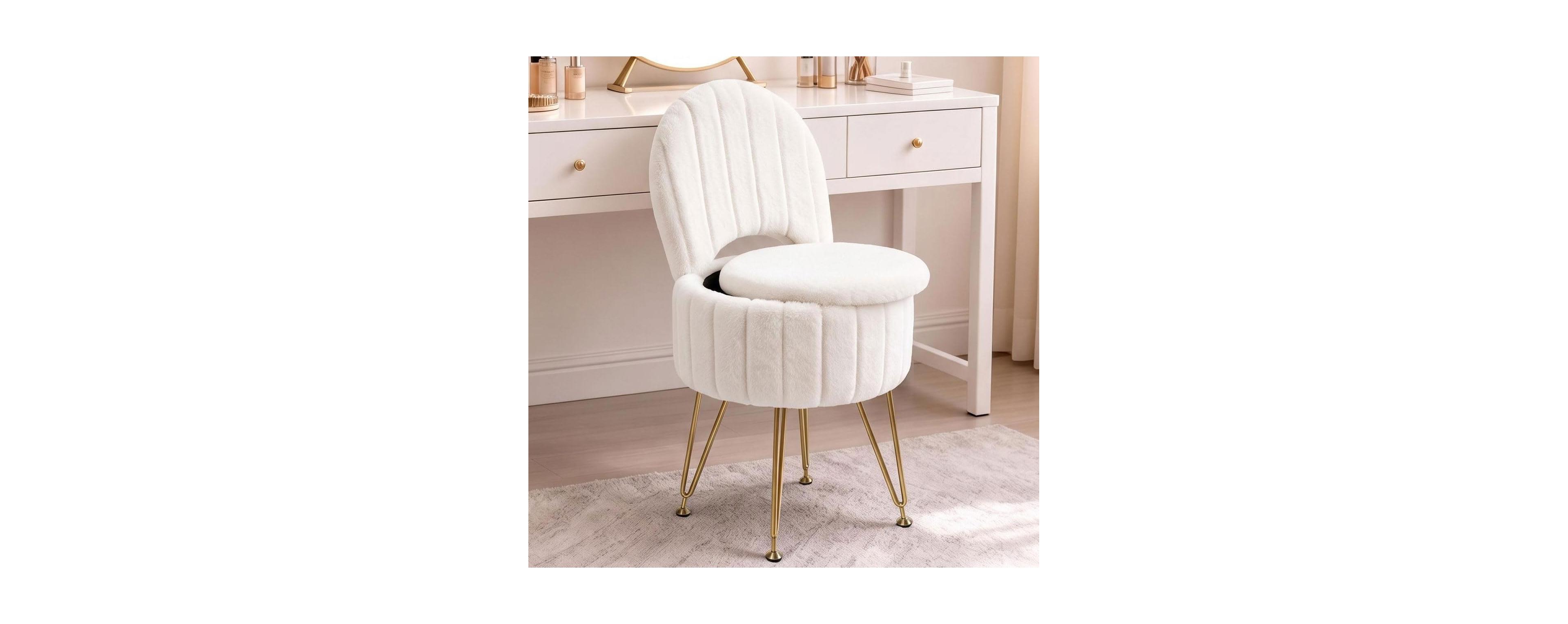 Round Vanity Stool with Storage and Backrest