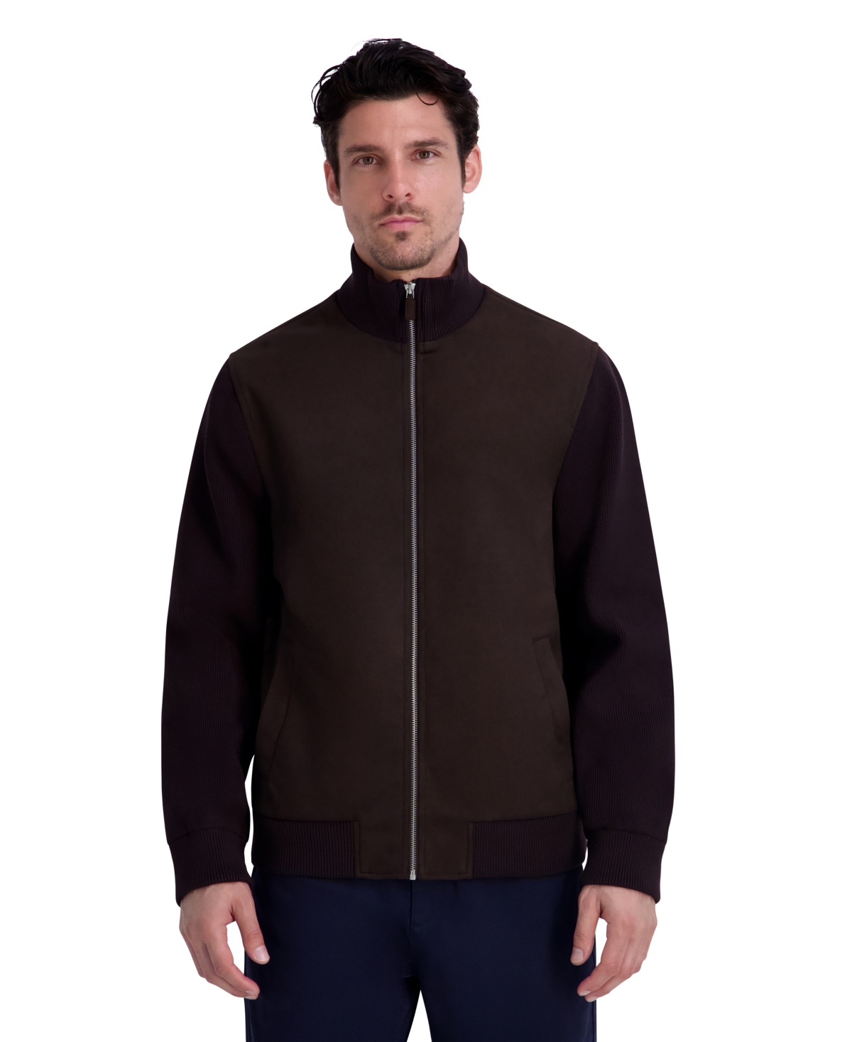 Karl Lagerfeld Paris Women's Faux Suede Knit Rib Sleeves and Collar Jacket - Brown