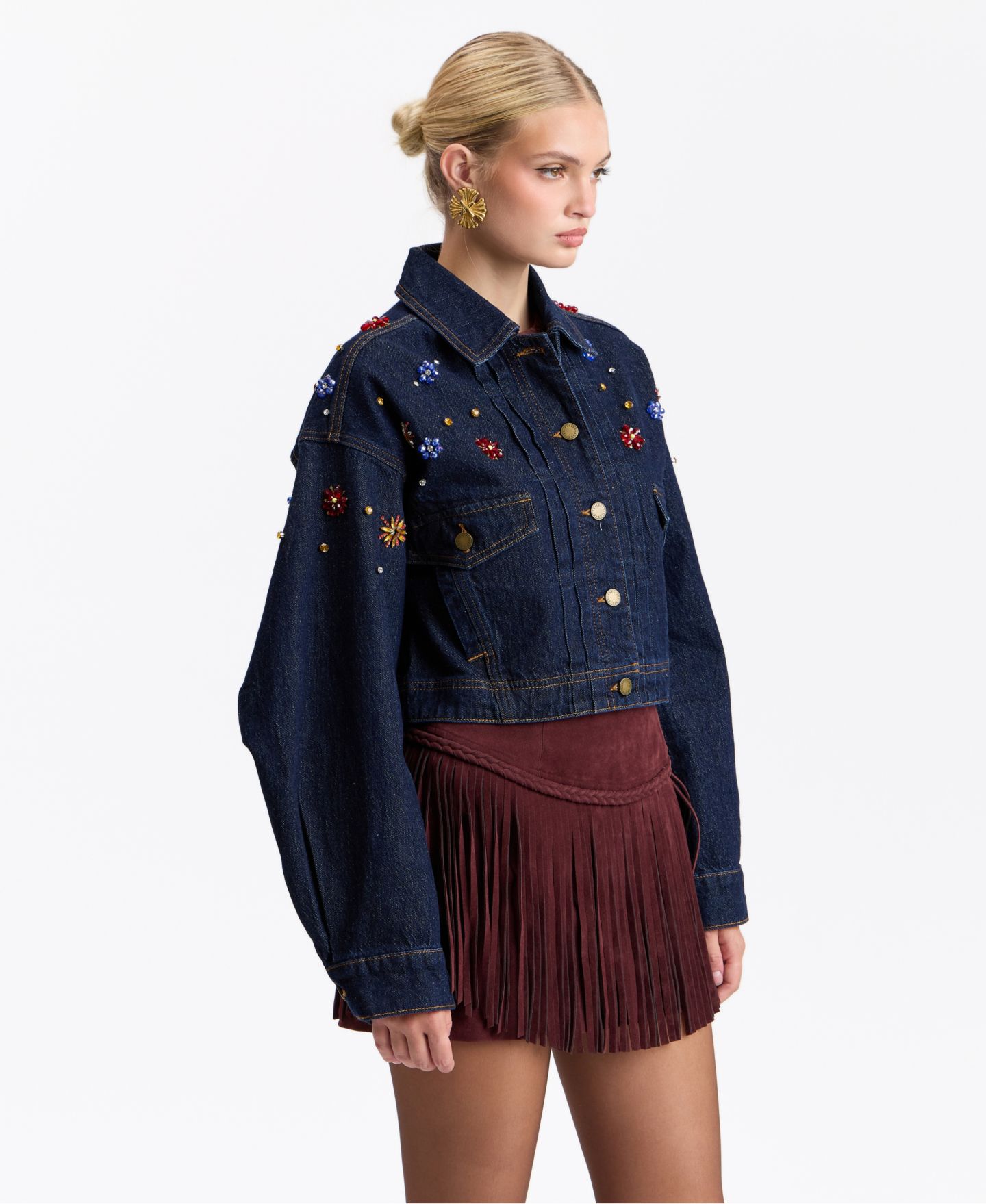 Женский пиджак Avec Les Filles Gem-Embellished Cropped Denim Blazer, цвет: Разноцветный — фото 5