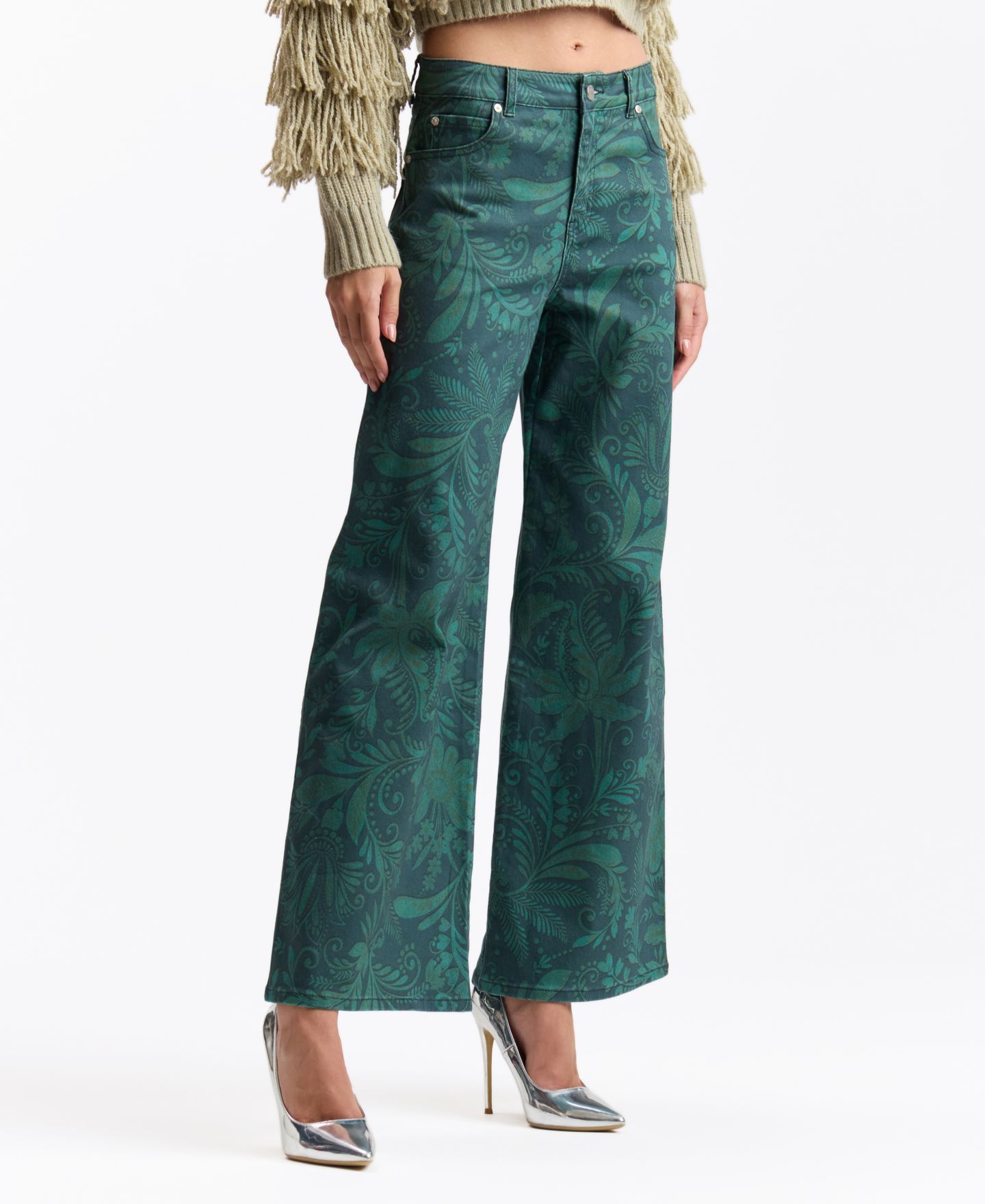 Женские джинсы Avec Les Filles High-Rise Floral-Print Wide-Leg, цвет: Бирюзовый полуночный — фото 4